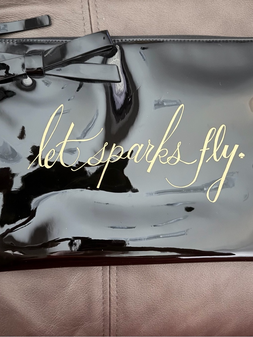 kate spade black patent clutch with gold script